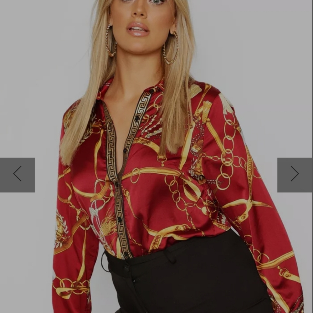 BOOHOO Chain Print Red Long Sleeves Shirt - Picture 2 of 8